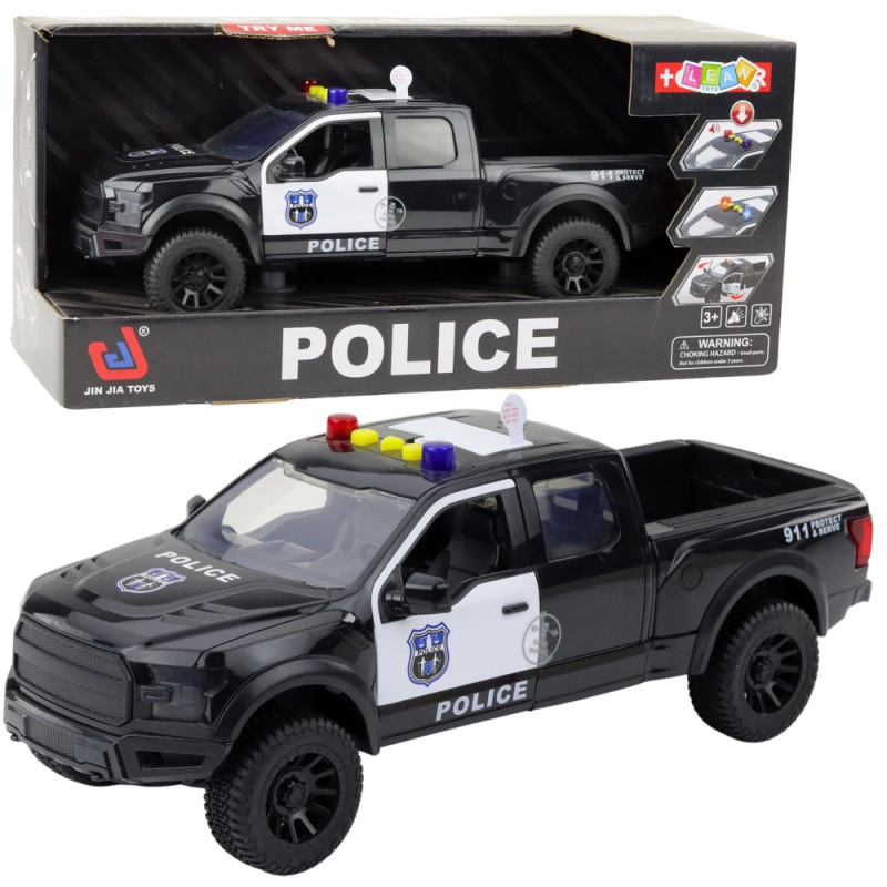 Policajní terénní auto s efekty světel a zvuky černé 1:12