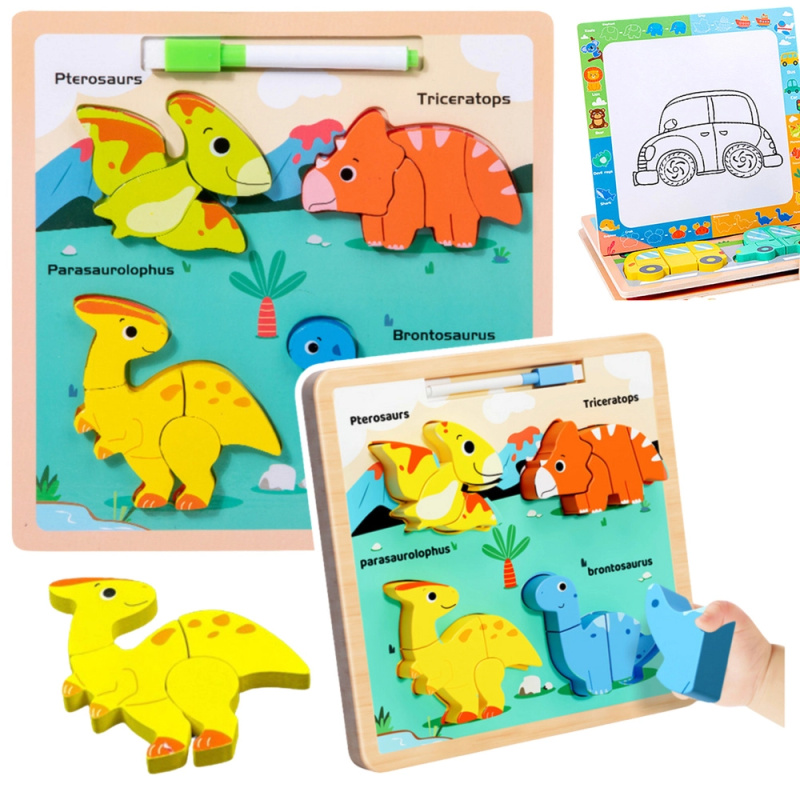 Dřevěná vzdělávací skládačka Dinosauři s kreslící tabulí