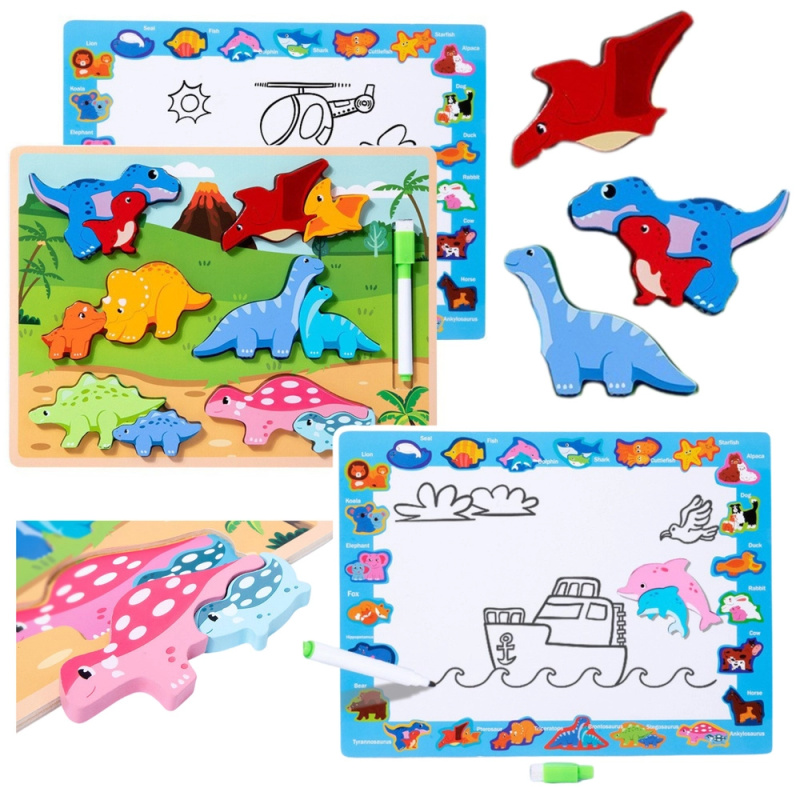Dřevěná vzdělávací skládačka dinosauři s kreslicí tabulí