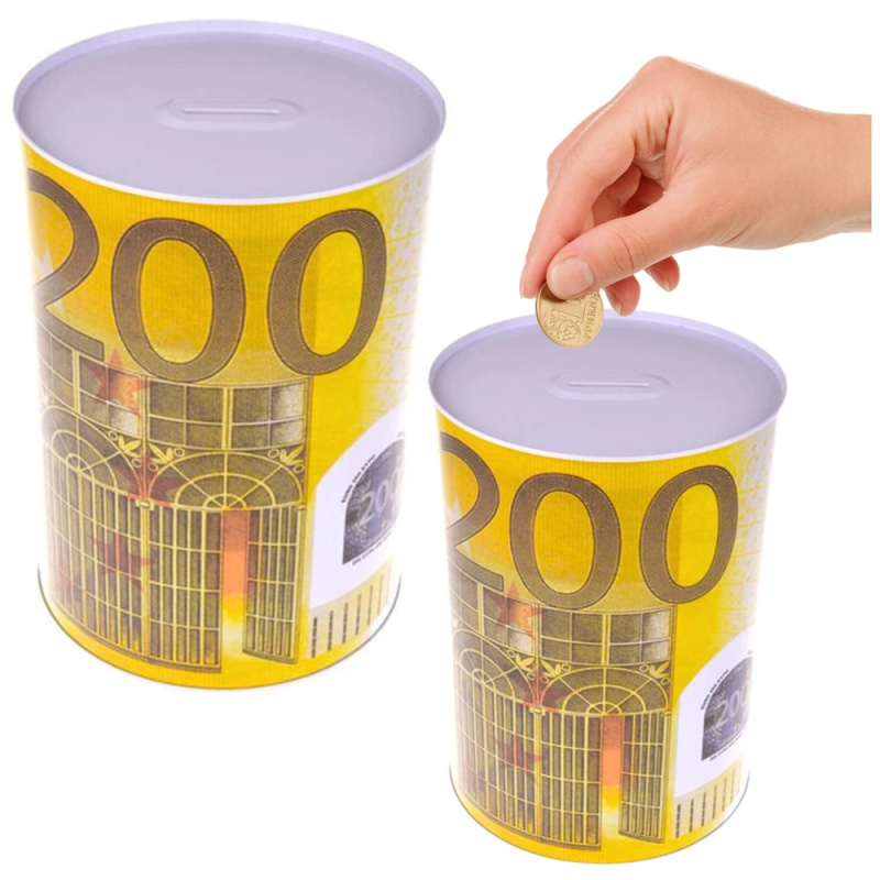 Kovová pokladnička ve tvaru plechovky s motivem bankovky 200 Euro