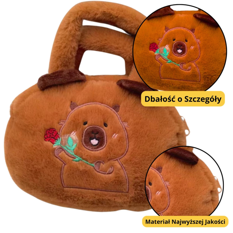 Torba plyšová s kapybarou a růží hnědá 20 cm