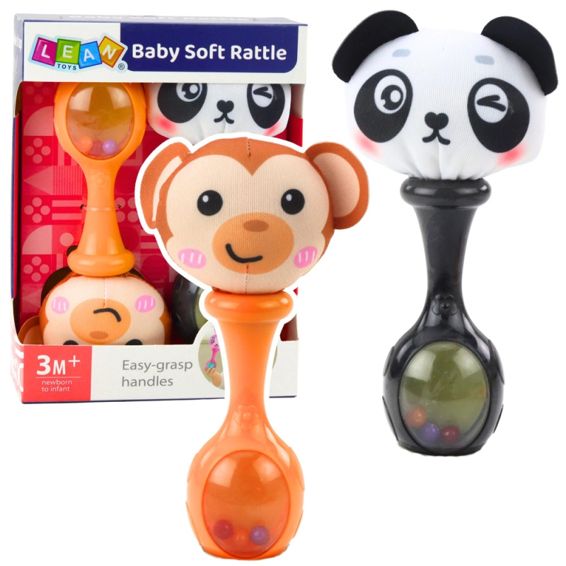Sada senzorických chrastítek s měkkým míčkem – opička a panda, 2 ks