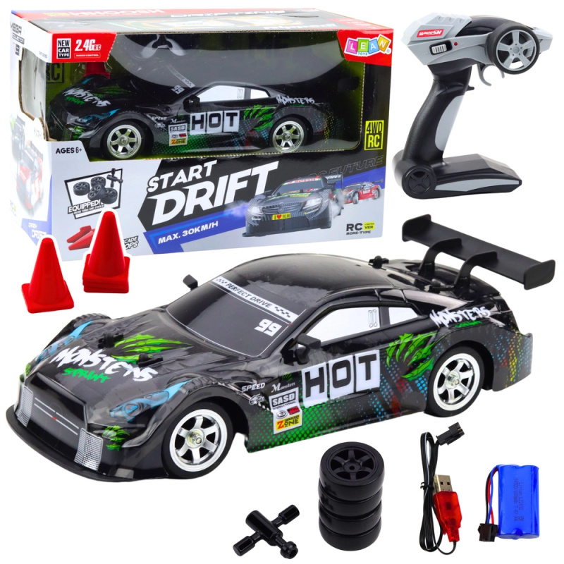 Závodní auto RC pro drift černo-zelené 30 km/h 1:16