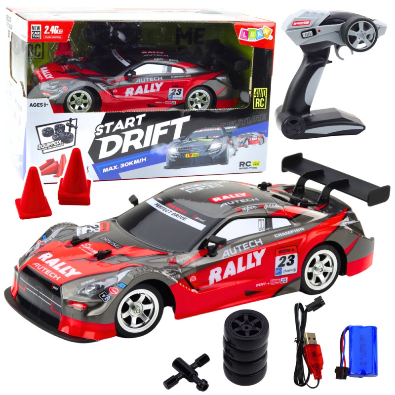 Závodní RC auto pro drift, červeno-černé, 30 km/h, 1:16