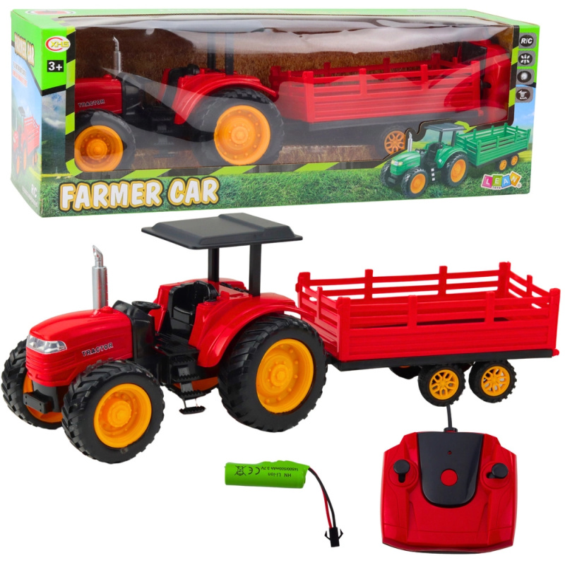 Zdalně ovládaný farmářský traktor s přívěsem červený
