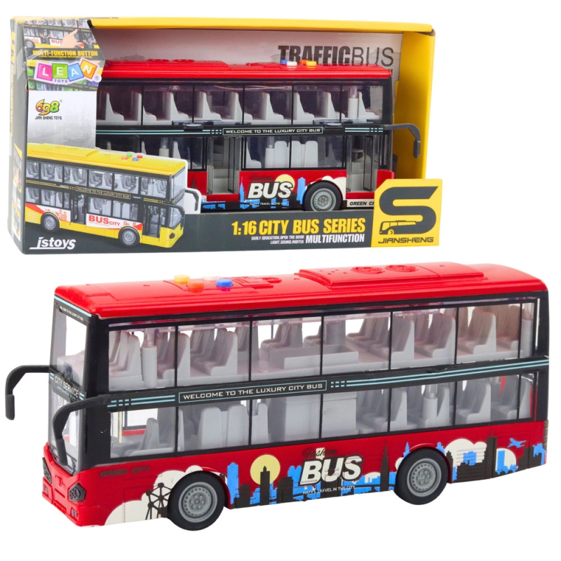 Městský patrový autobus 1:16 s frikčním pohonem, světly a zvuky – červený