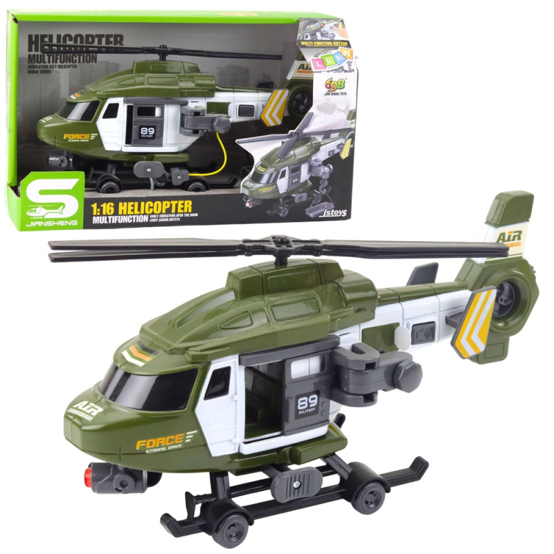 Vojenský helikoptéra 1:16 se světly, zvuky a hákem s nosítky