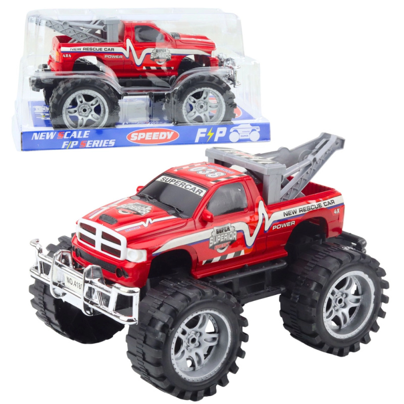 Záchranné terénní auto s tahačem, zadní pohon, červené 27 cm