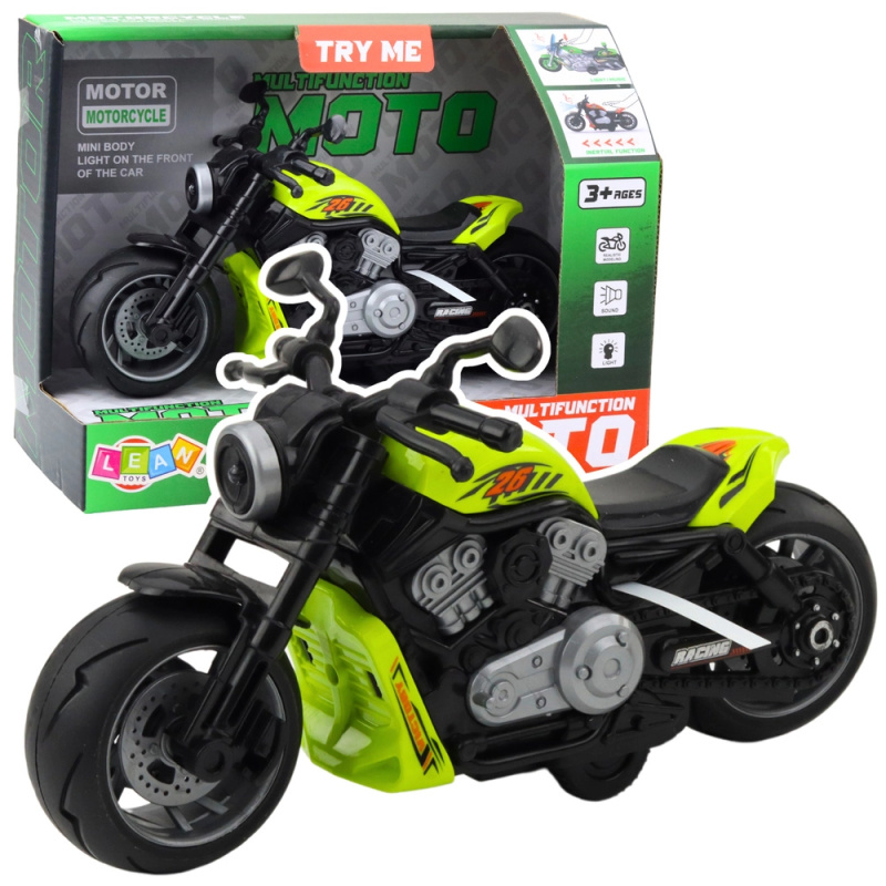 Zelená motorka hračka s efekty