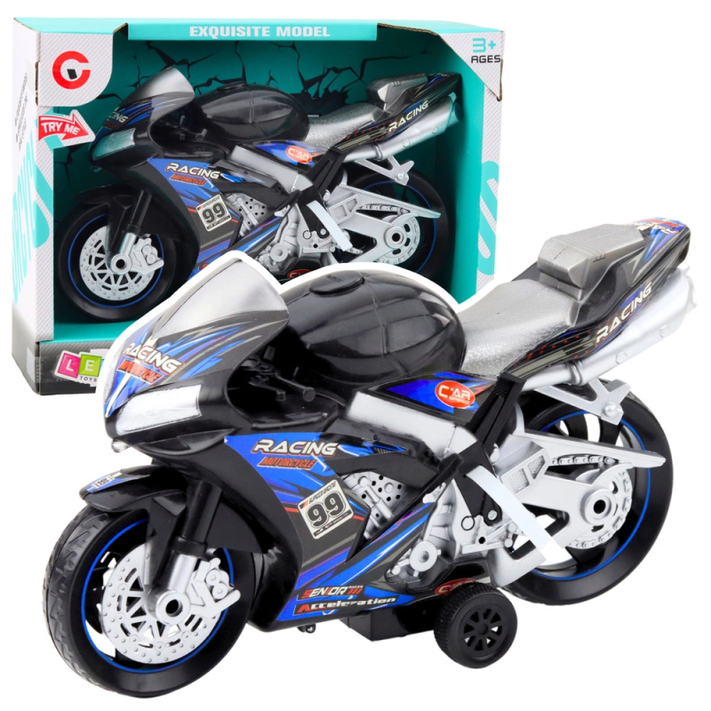 Černomodrý závodní motocykl s efekty světel a zvuku