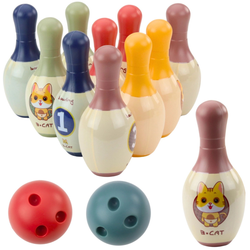 Dětský bowlingový set s koťátky – 10 kuželek a 2 barevné koule