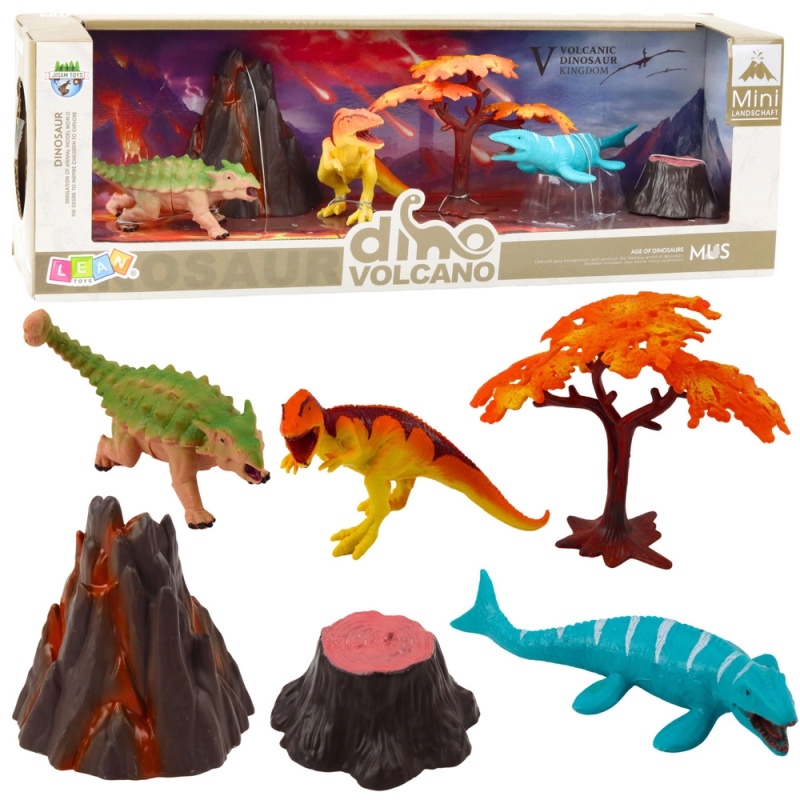 Zestava realistických figurek dinosauři s vulkánem a stromem