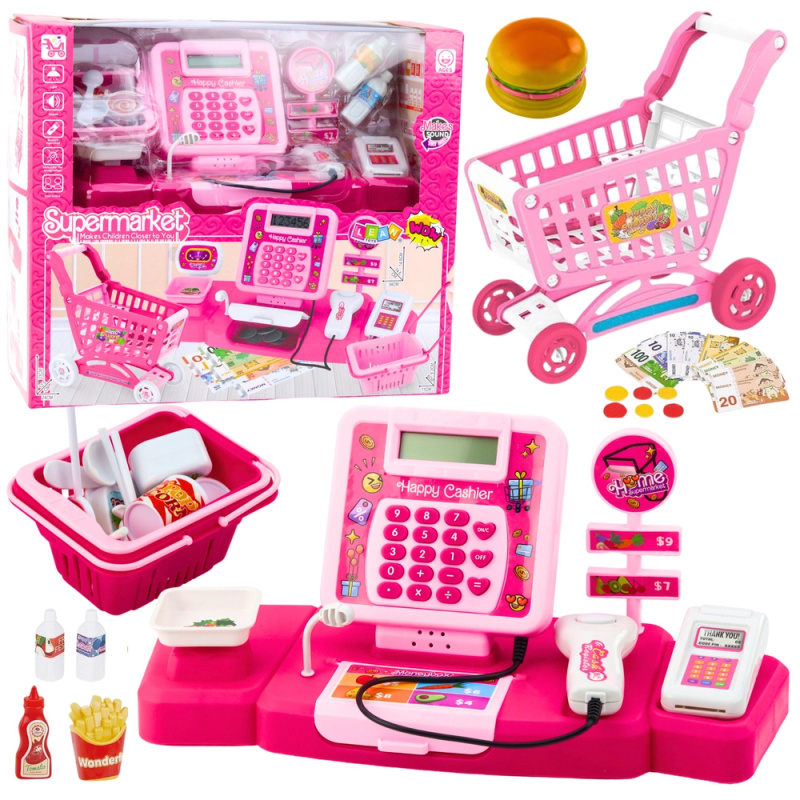 Růžová pokladna a košík - dětský obchodní set