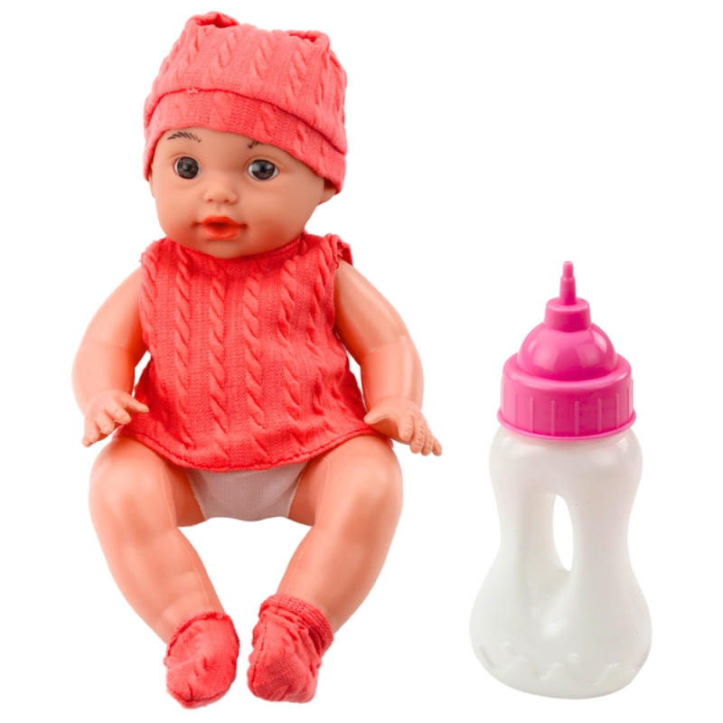 Látková panenka s lahvičkou 30 cm, zvukové efekty, růžové oblečení