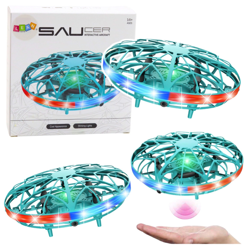 Dron UFO ovládaný rukou s LED světly tyrkysový