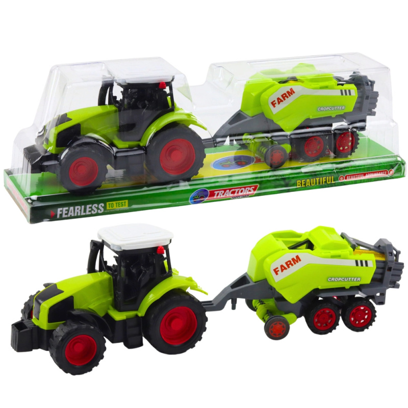 Zelený traktor s lisem na balíky sena