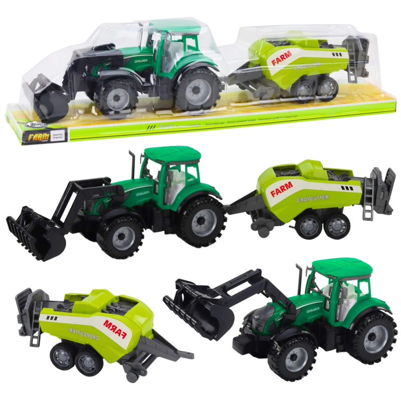 Zelený traktor s nakladačem a kompatibilním lisem na balíky