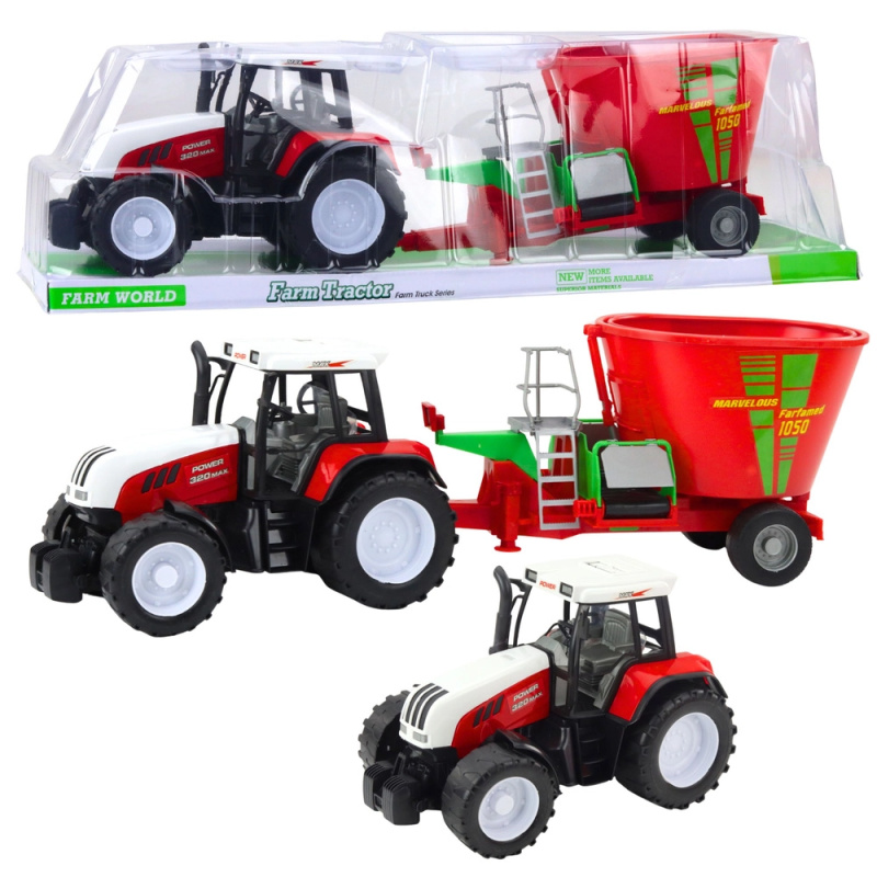 Červený farmářský traktor s přívěsem a míchadlem krmiva 60 cm