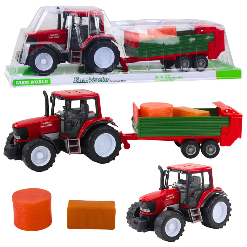 Traktor s přívěsem a balíky sena, červený, 62 cm