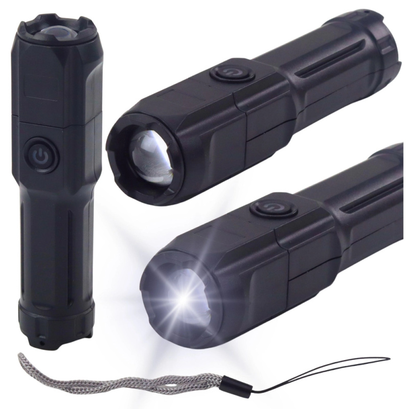 LED svítilna s zoomem, 3 režimy, dobíjení přes USB, černá