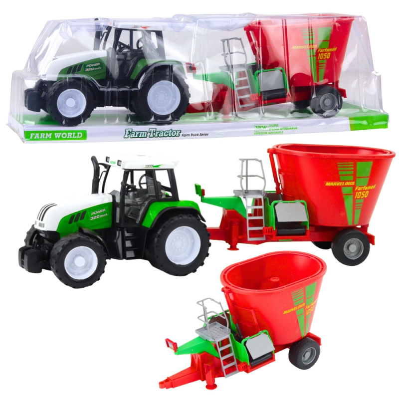 Zelený traktor s přívěsem a míchačkou krmiva 60 cm
