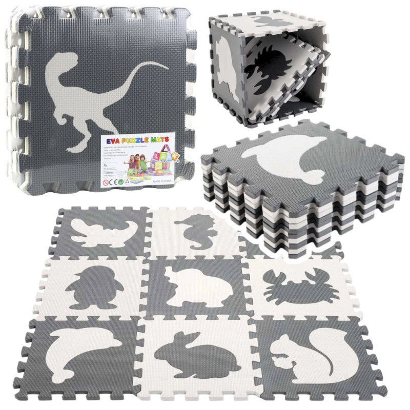 Pěnové podlahové puzzle z EVA s motivem dinosaurů, kontrastní šedé a béžové, 9 dílů