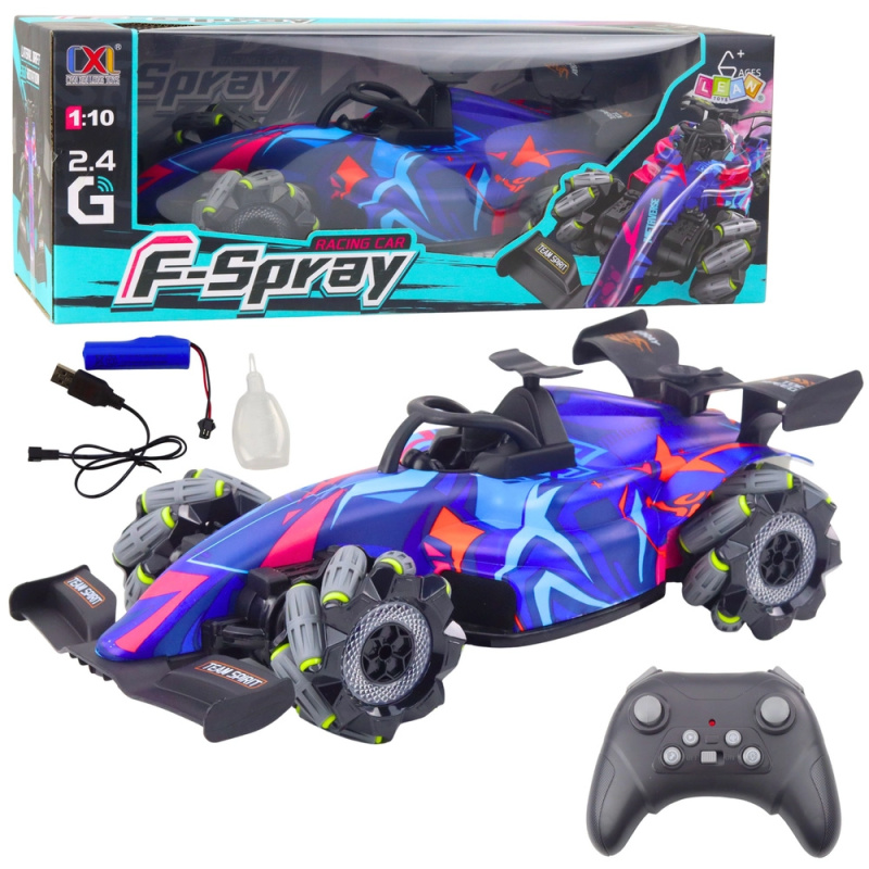 Rc závodní auto 1:10 s efektem páry, světly a ovládáním 2.4 GHz – modré
