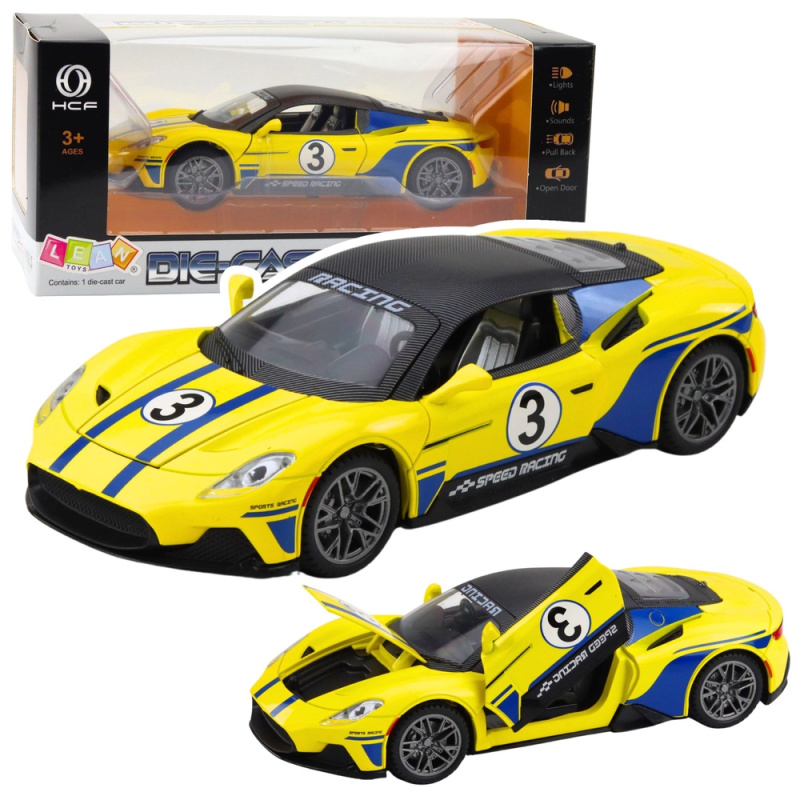 Sportovní kovové auto s efekty světel a zvuků, 1:22 žluté