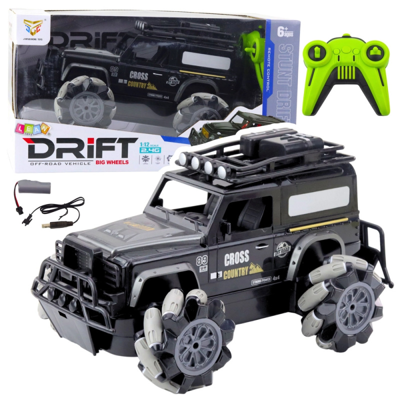 rc terénní driftovací auto 1:12, černé, 360° otočky a LED