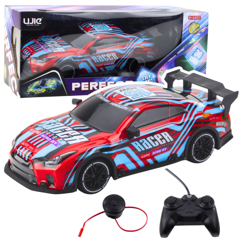 rc závodní auto se svítící karoserií, modro‑červené