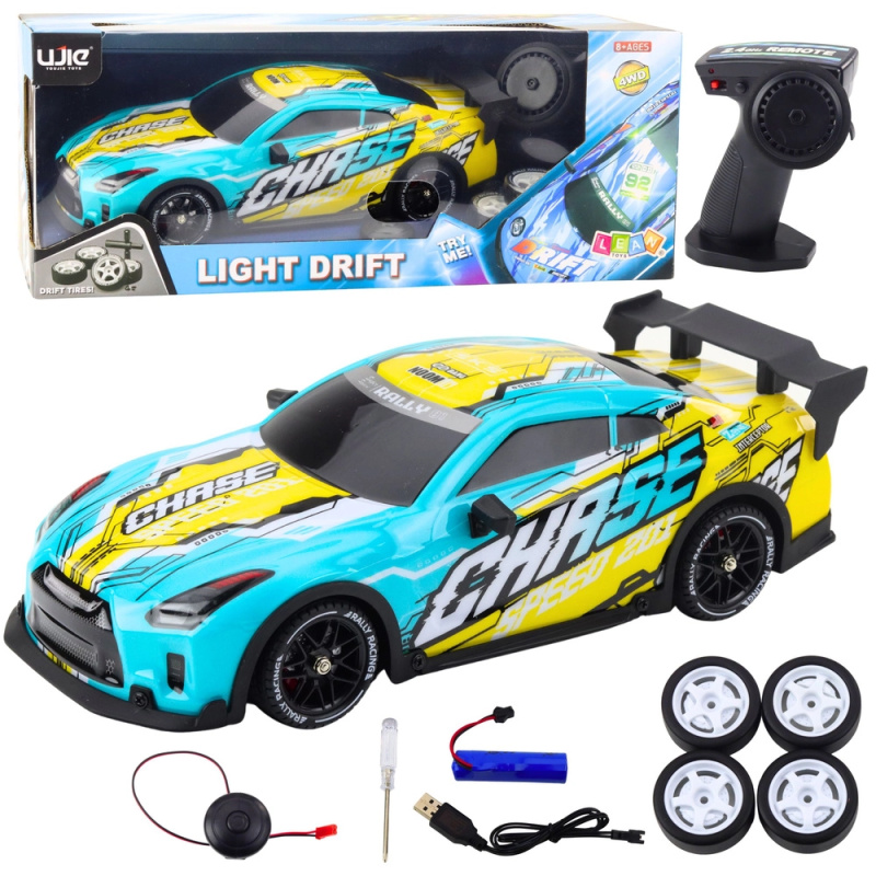RC sportovní auto s podsvětlenou karoserií a driftovacími koly – tyrkysové