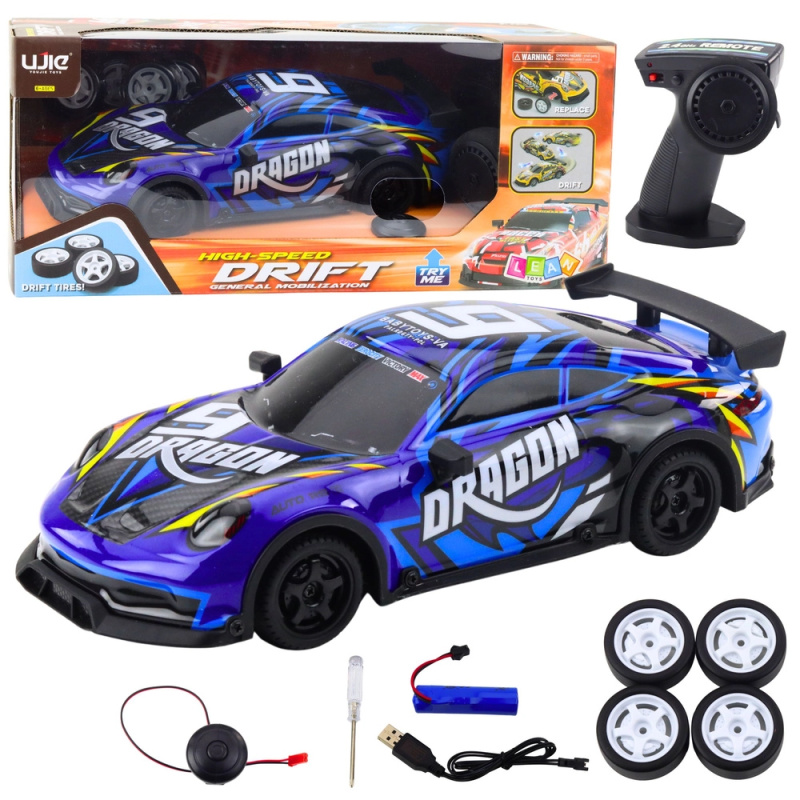 RC sportovní auto s podsvícenou karoserií a driftem – modré