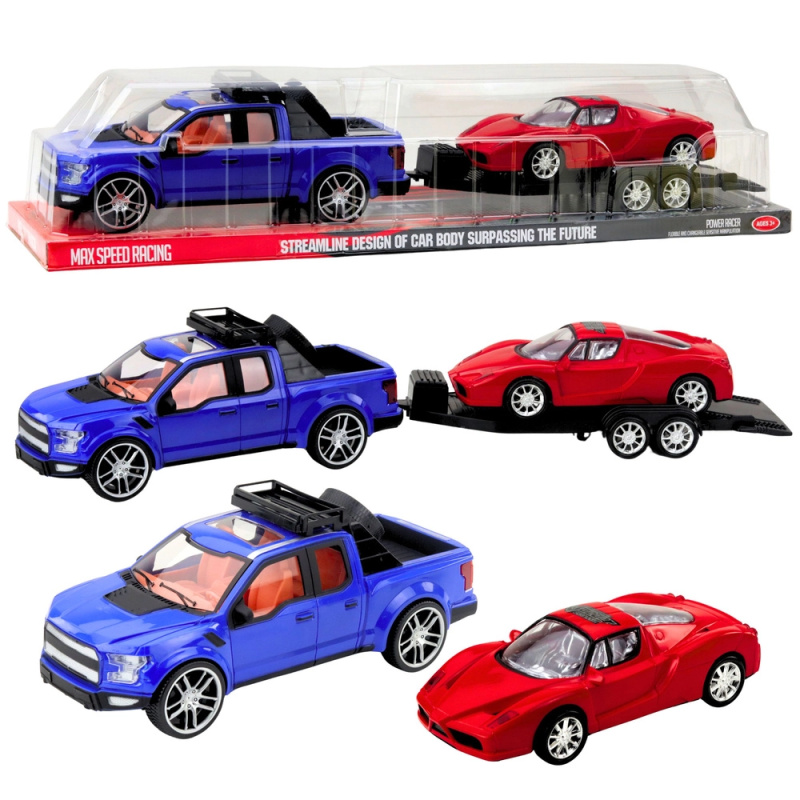 Sada terénní auto s přívěsem a sportovní auto