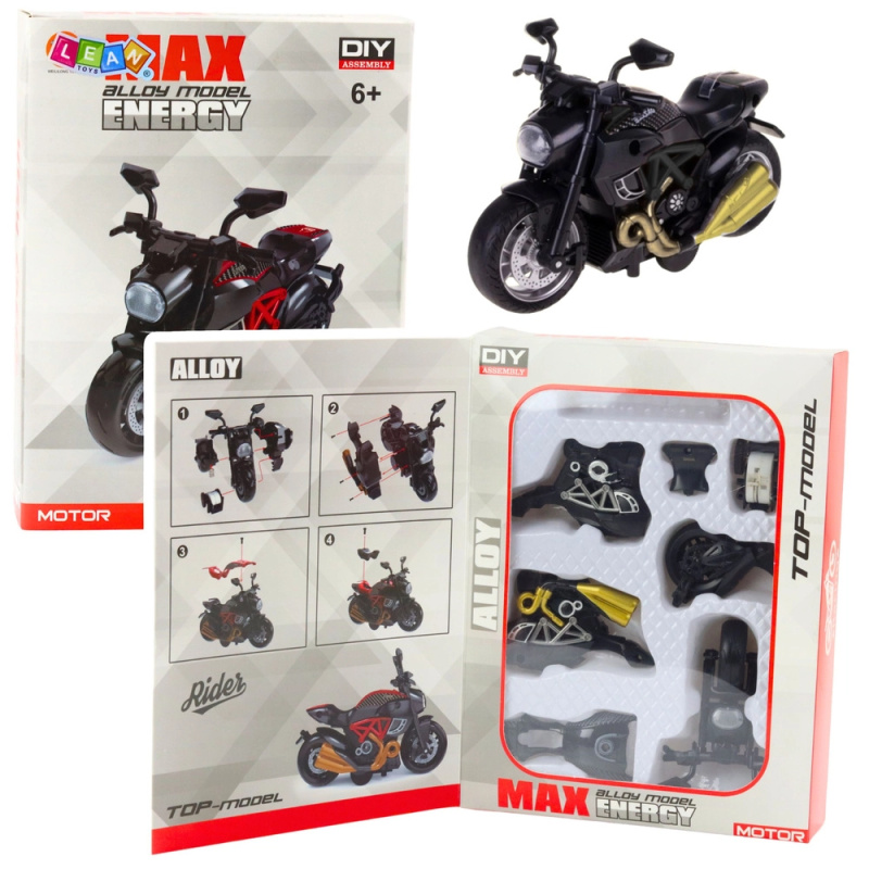 Kovový model motocyklu k sestavení 1:14, černý se zlatými prvky