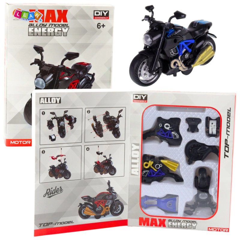 Kovový motocykl k sestavení 1:14 – modrý DIY model