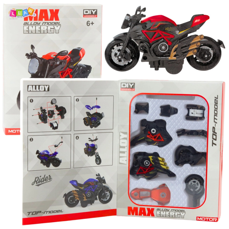 Motocykl k sestavení 1:14 černo-červený kovový model DIY