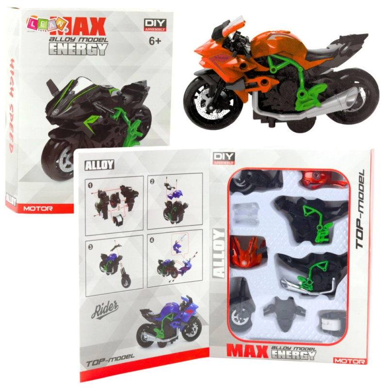 Kovový motocykl na sestavení 1:14 zeleno‑oranžový DIY