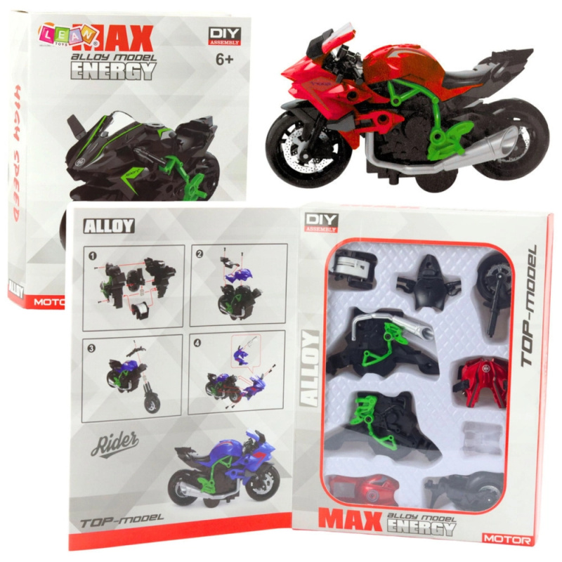 Motocykl k sestavení 1:14 zeleno‑červený DIY kovový model