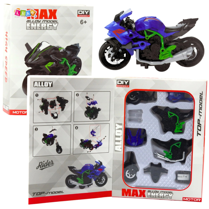 Kovový DIY model motocyklu 1:14 zeleno‑modrý
