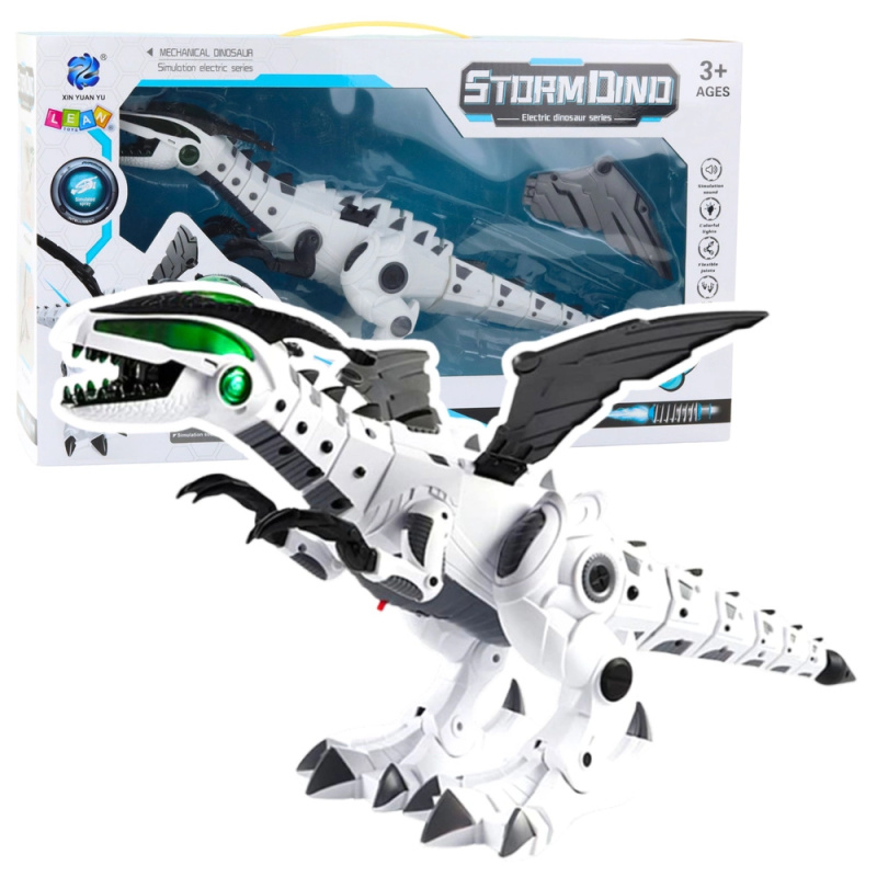 Robotický dinosaur s pohyblivými křídly, světly a zvuky – bílý