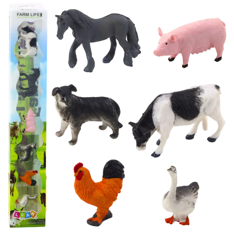 Mini figurky hospodářských zvířat 3–5 cm – kůň, kráva, prase, pes, kohout a husa, sada 6 ks
