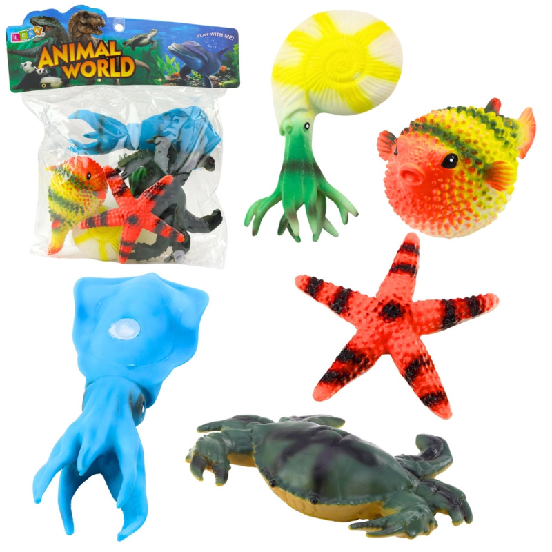 Sada figurek mořských zvířat – krab, hvězdice, oliheň, amonit, rozedraná rybka 5 ks