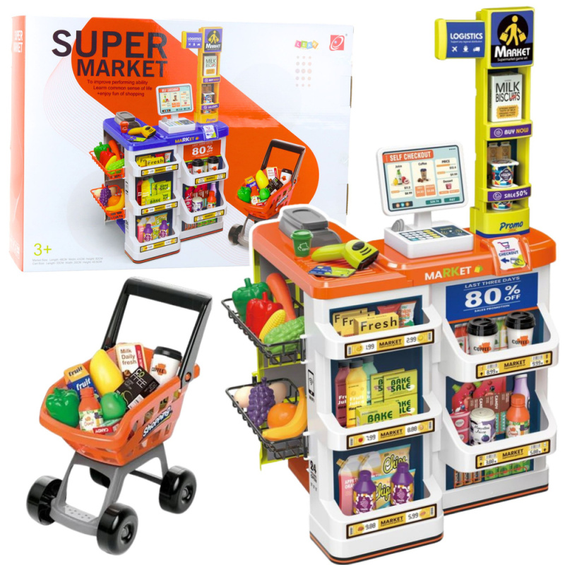Dětský obchod s pokladnou a vozíkem – supermarket set 60 dílů