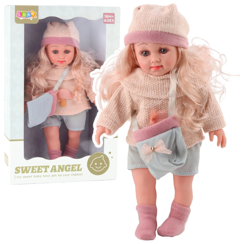 Lalka Sweet Angel v pleteném svetříku s kabelkou a čepičkou 36 cm