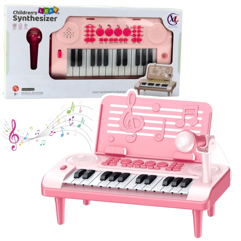 Elektronické dětské pianinko s mikrofonem a stojánkem na noty, růžové