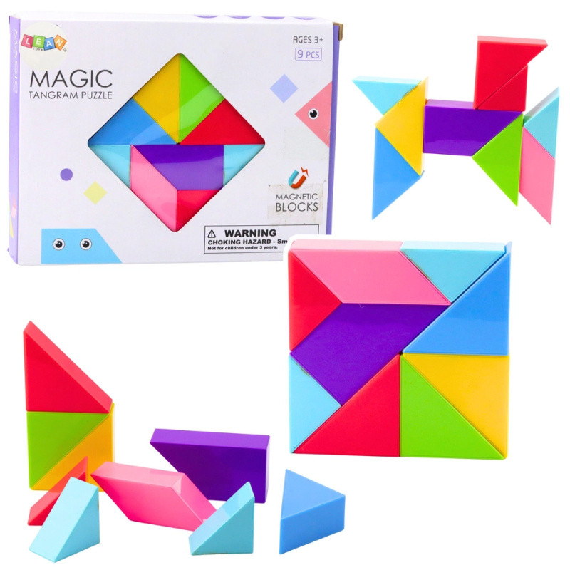 Magnetické kostičky tangram – barevná skládačka, 9 dílů