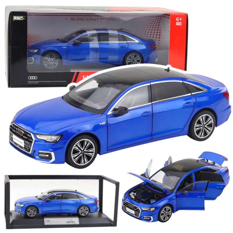 kovový model auta audi a6 l 1:18 se světly a zvuky – modrý
