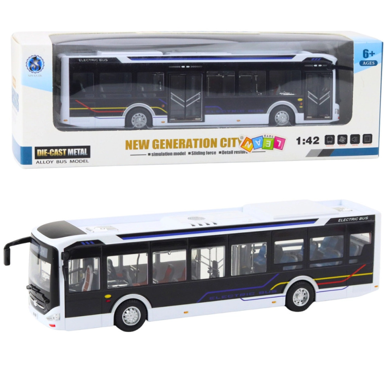 Kovový městský autobus se světly a zvuky 1:42 bílý