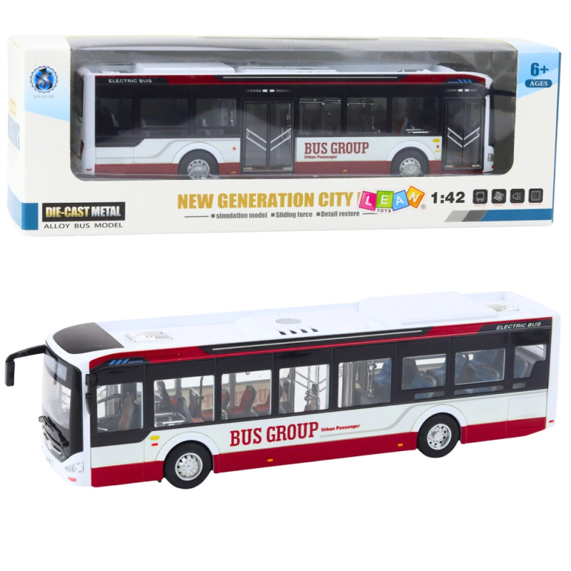 Kovový městský autobus se světly a zvuky 1:42, červený
