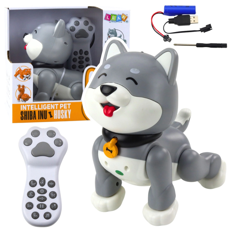Interaktivní robotický pes Husky na dálkové ovládání a hlasové povely – šedý